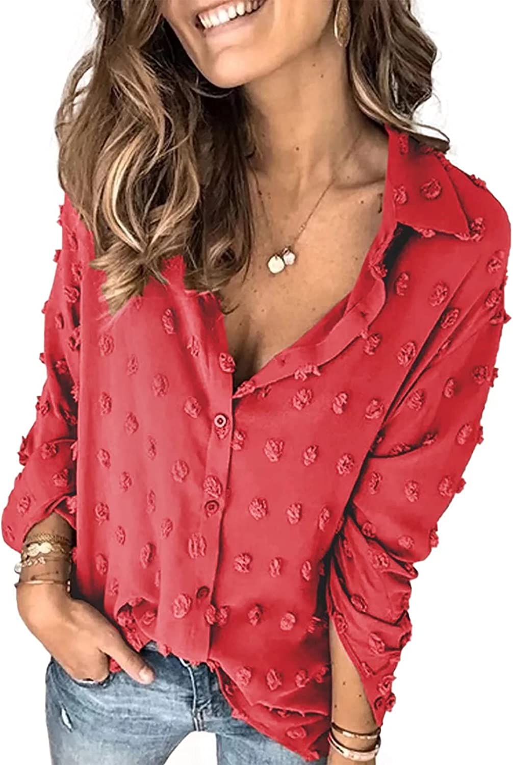 Astylish Women Pompom Button Down Shirt Casual Blouse Top - Image 1